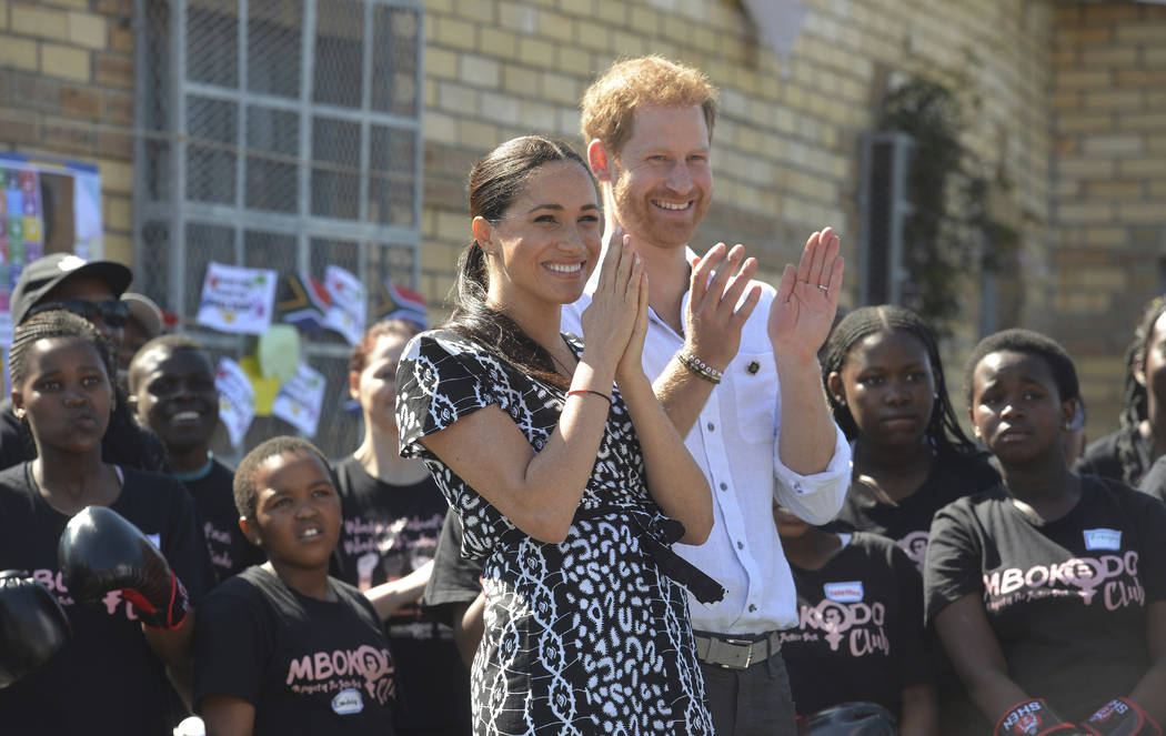 FILE - In this Monday, Sept, 23, 2019 file photo, Britain's Prince Harry and Meghan, Duchess of ...