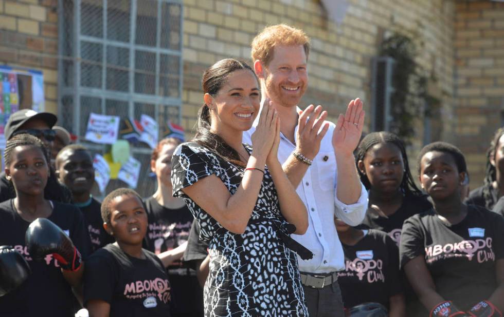 FILE - In this Monday, Sept, 23, 2019 file photo, Britain's Prince Harry and Meghan, Duchess of ...