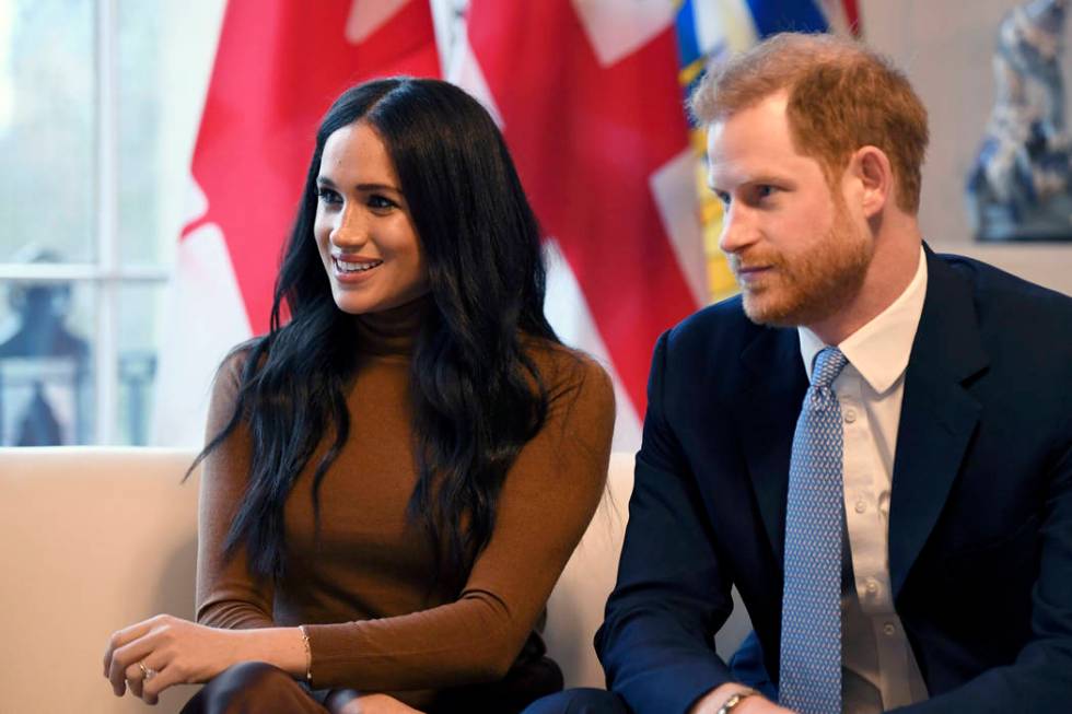 FILE - In this Tuesday, Jan. 7, 2020 file photo, Britain's Prince Harry and Meghan, Duchess of ...