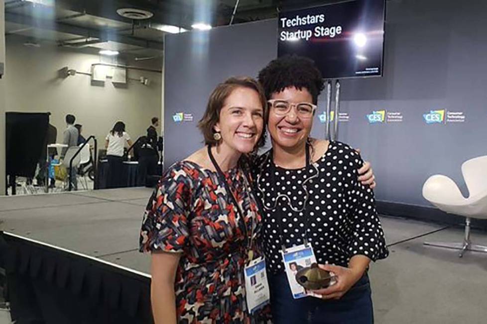 Gabriella Pleasant of Pleasant Robotics, right, poses with her advisor, Emma McLaren after winn ...