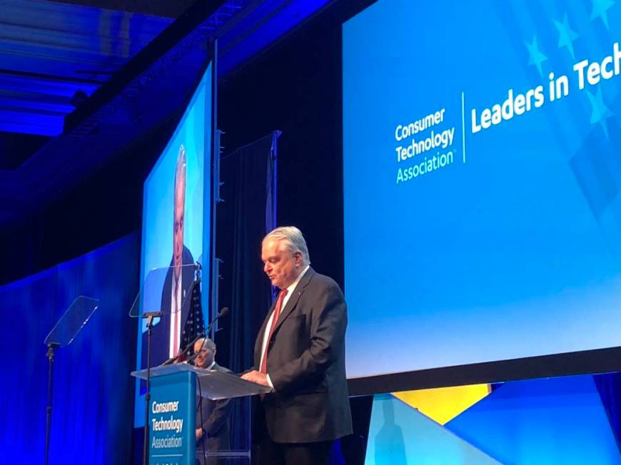 Gov. Steve Sisolak speaks before leaders in the tech industry at the CES 2020 Leaders in Techno ...