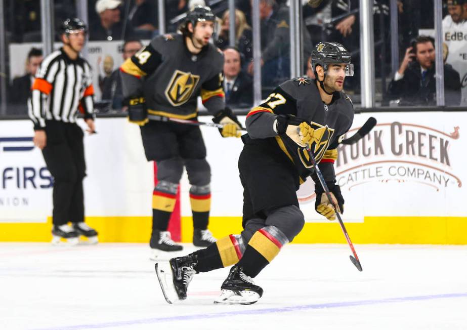 Golden Knights' Max Pacioretty (67) skates after the puck during the first period of an NHL hoc ...