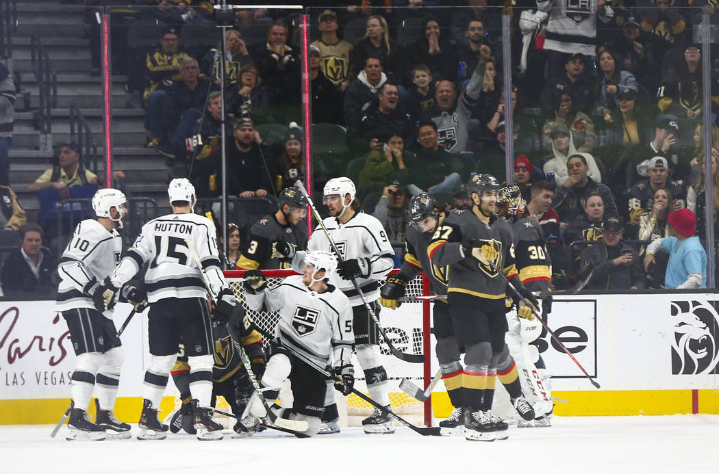 The Los Angeles Kings celebrate a goal against the Golden Knights during the first period of an ...