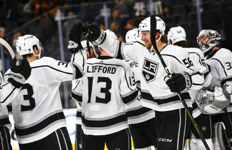 Los Angeles Kings' Kurtis MacDermid (56) celebrates his team's win over the Golden Knights duri ...