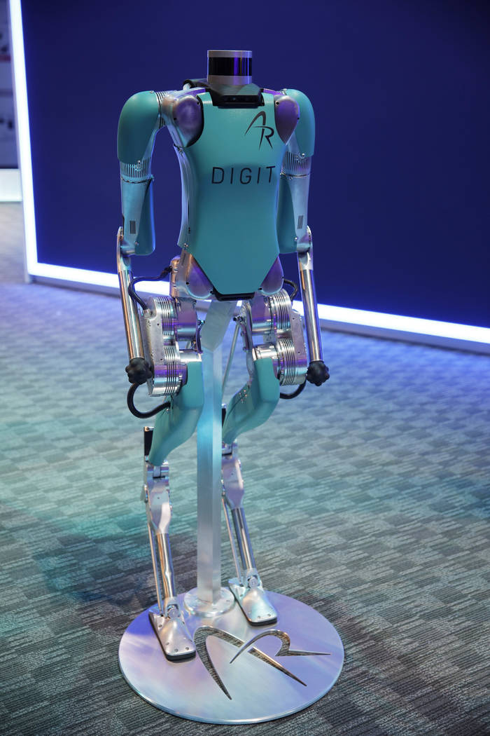 The Digit robot is on display in the Ford booth at the CES tech show, Wednesday, Jan. 8, 2020, ...