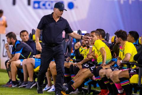 Las Vegas Lights FC head coach Eric Wynalda has a few words for a player on the bench during th ...