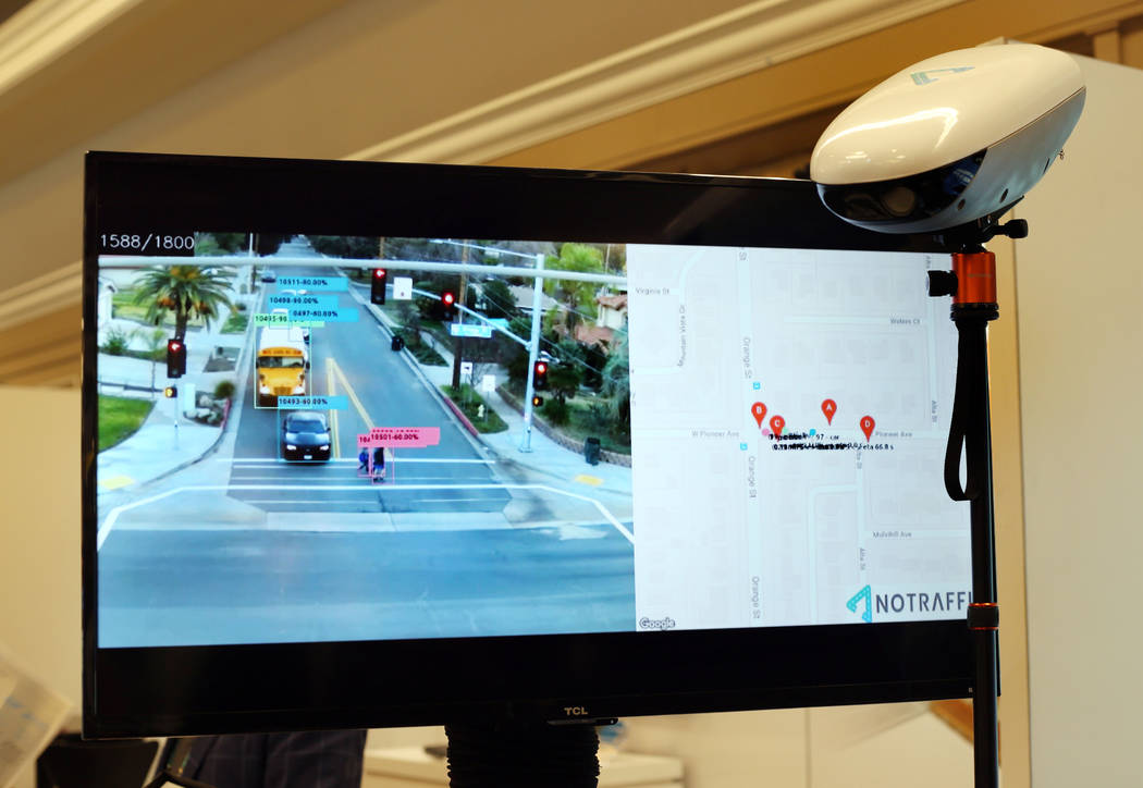 The first AI-powered traffic signal platform, NoTraffic, is displayed during CES at the Westgat ...