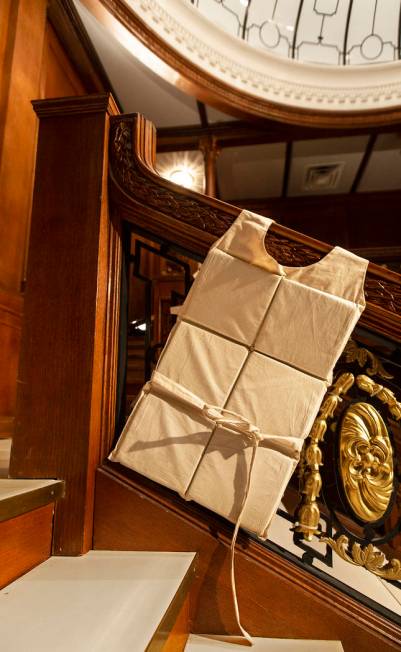 An authentic life vest recovered from the Titanic on Thursday, Jan. 9, 2020, at Titanic: The Ar ...