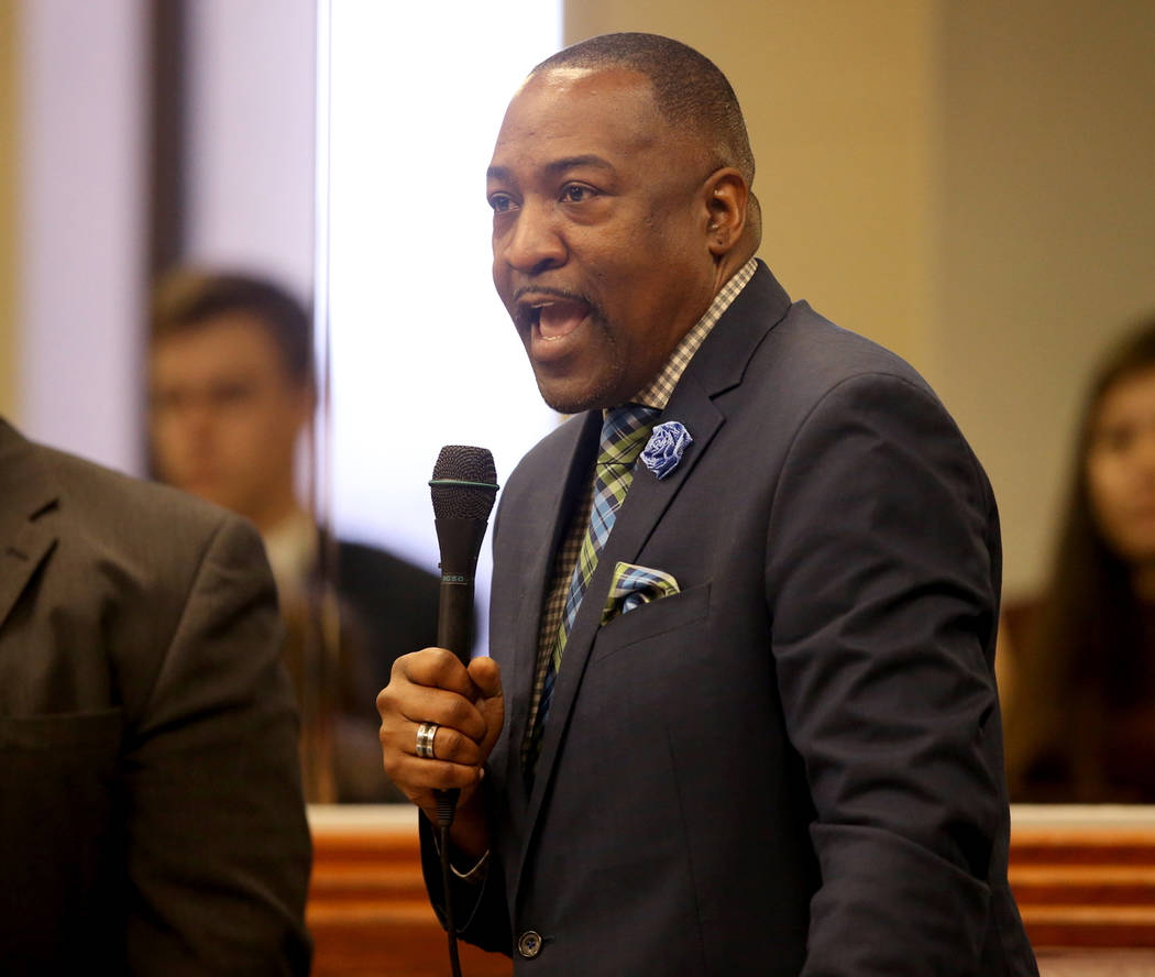 Assemblyman Tyrone Thompson, D-North Las Vegas, speaks during a floor session in the Legislativ ...