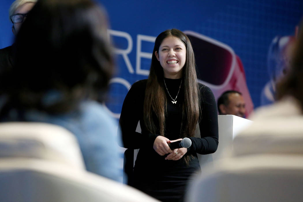 Palo Verde High School senior Gabrielle Floratos, 18, receives a compliment from the judges af ...