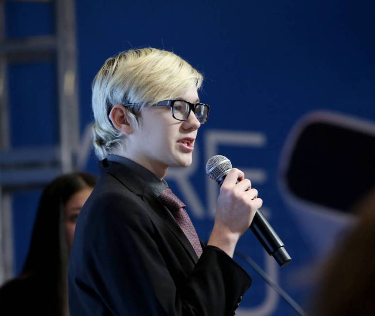 Spring Valley High School senior Josh Ferguson, 18, presents his teams app idea during the Stud ...