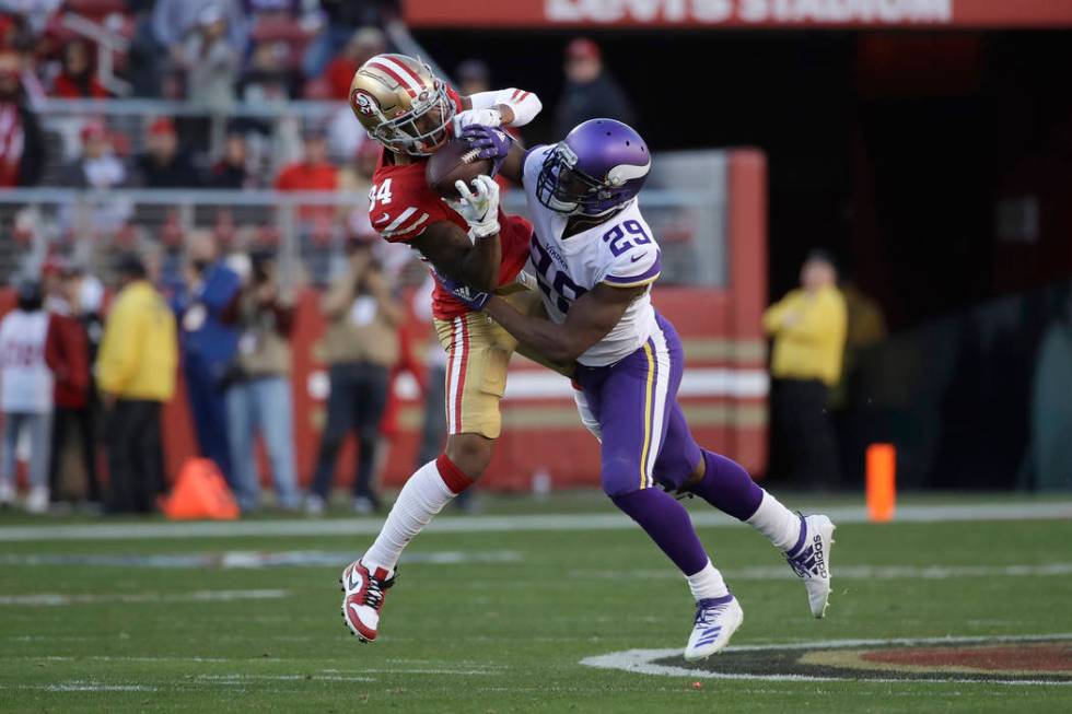 San Francisco 49ers wide receiver Kendrick Bourne (84) catches a pass against Minnesota Vikings ...