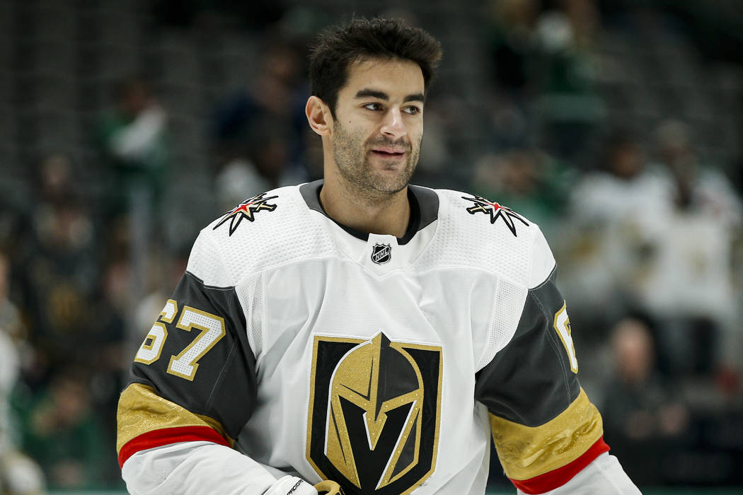 Vegas Golden Knights forward Max Pacioretty (67) before an NHL hockey game against the Dallas S ...