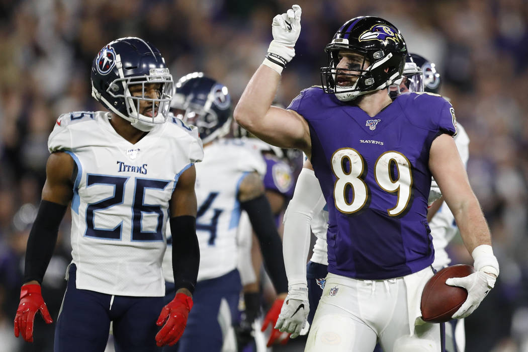Baltimore Ravens tight end Mark Andrews (89) reacts to a first down against the Tennessee Titan ...