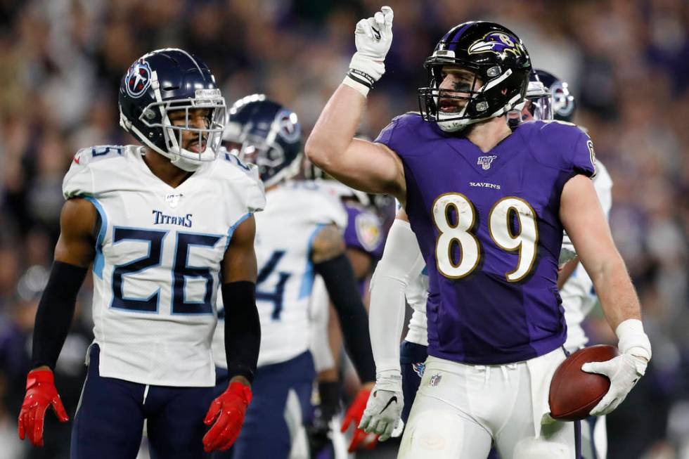 Baltimore Ravens tight end Mark Andrews (89) reacts to a first down against the Tennessee Titan ...