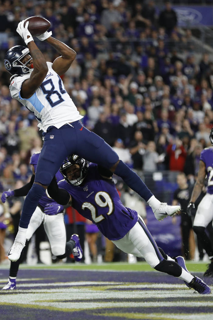 Tennessee Titans wide receiver Corey Davis (84) makes a touchdown catch against Baltimore Raven ...