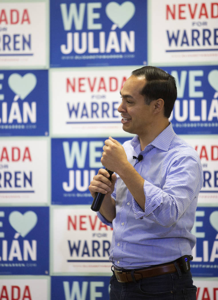 Julian Castro speaks at an organizing event at presidential candidate Elizabeth Warren's North ...