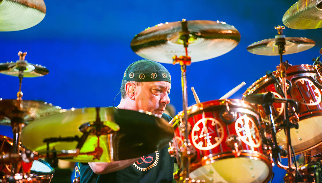 Neil Peart of Rush performing during the the R40 Tour at MGM Grand Garden Arena on July 25, 201 ...