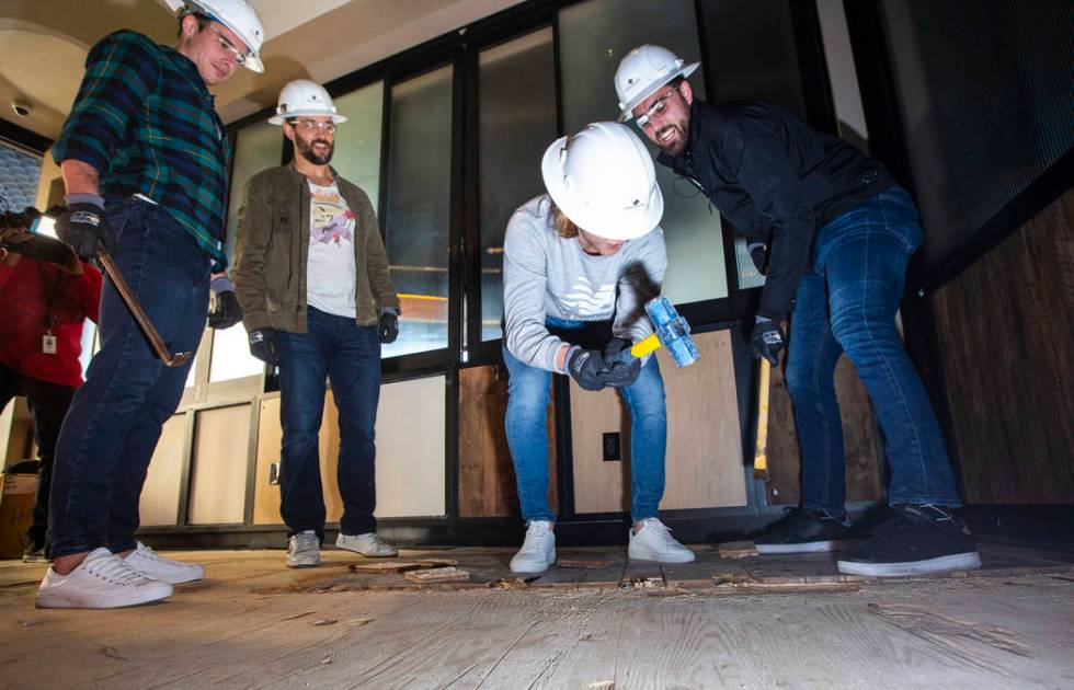 Golden Knights players, from left, Reilly Smith, Deryk Engelland, William Karlsson and Alex Tuc ...