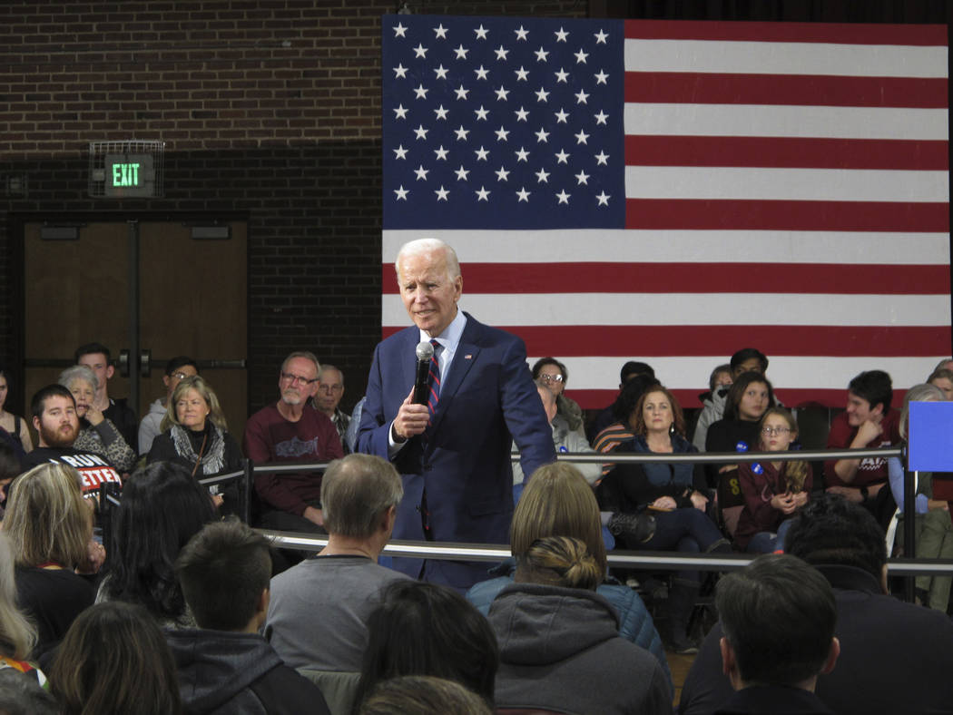 Democratic presidential candidate, former Vice President Joe Biden speaks at a rally in the gym ...
