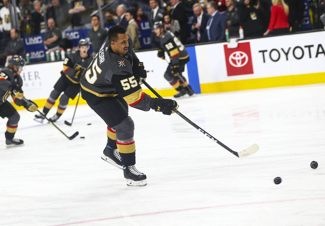 Golden Knights' Keegan Kolesar (55) shoots during warmups before making his NHL debut in a hock ...