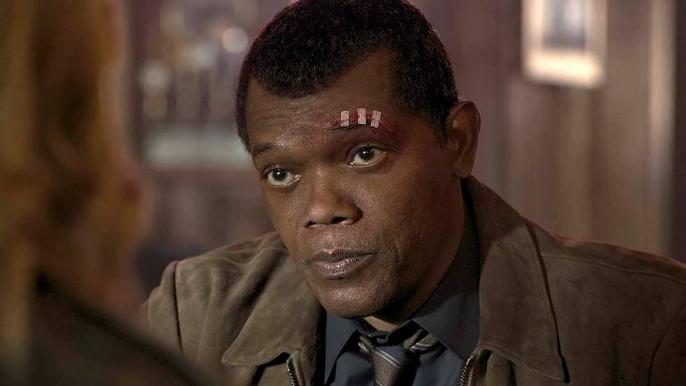 This image released by Disney-Marvel shows Samuel L. Jackson as a younger Nick Fury in a scene ...