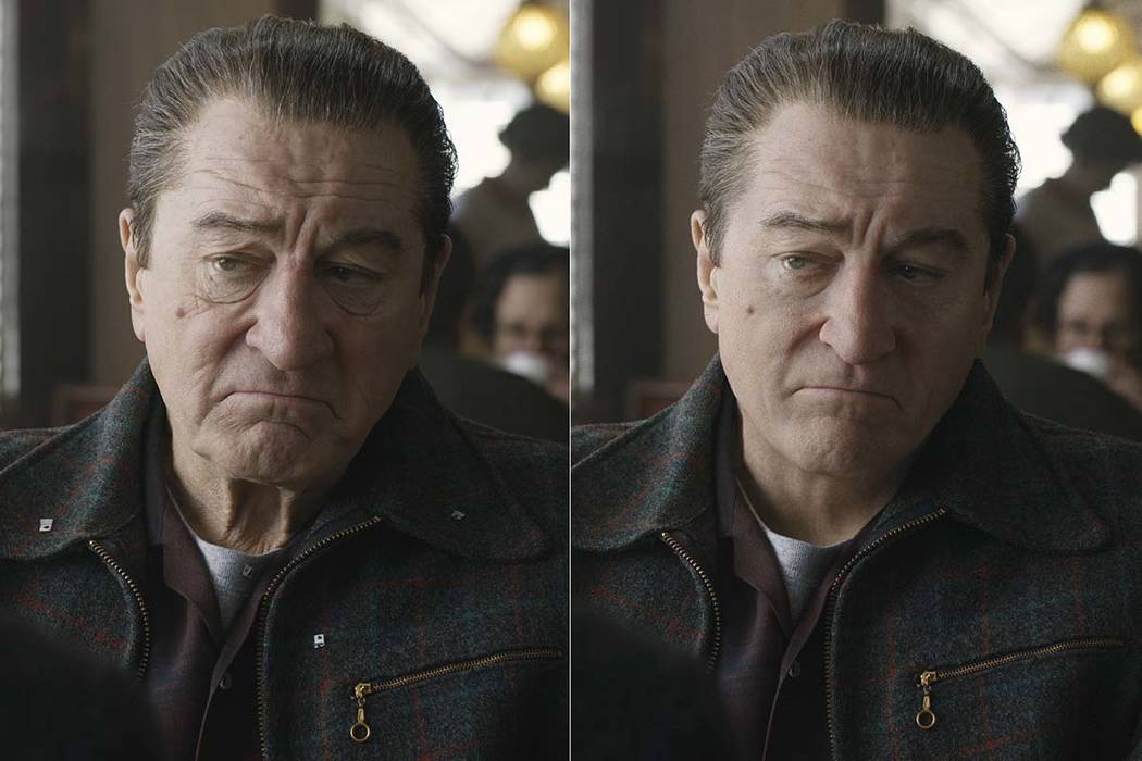 This combination of photos shows actor Robert De Niro, left, during the filming of "The Ir ...