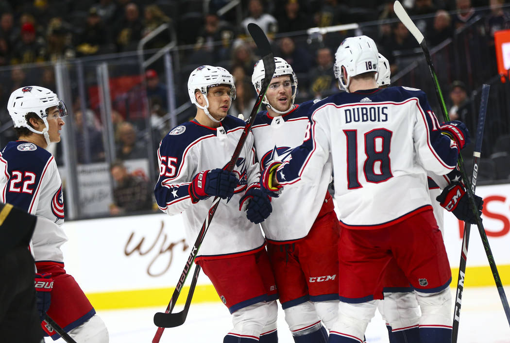The Columbus Blue Jackets celebrate their second goal of the game against the Golden Knights du ...