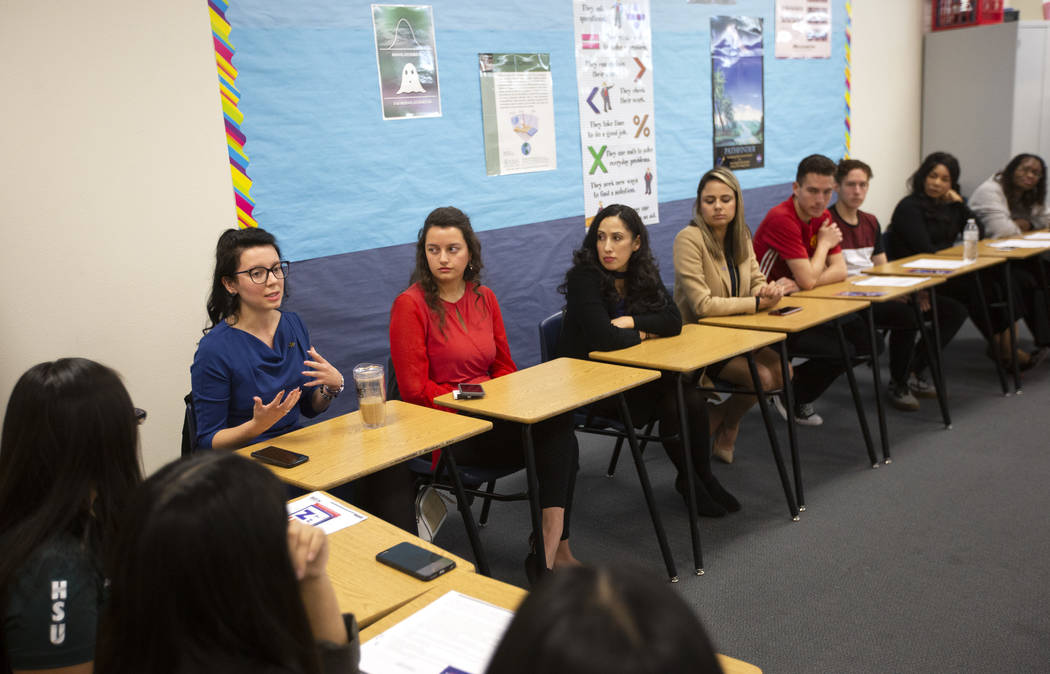 Nicola Opfer, student body president at Nevada State College, speaks at a roundtable for Latino ...