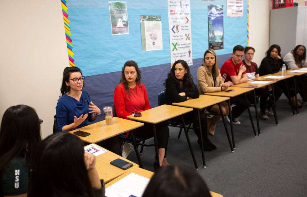 Nicola Opfer, student body president at Nevada State College, speaks at a roundtable for Latino ...