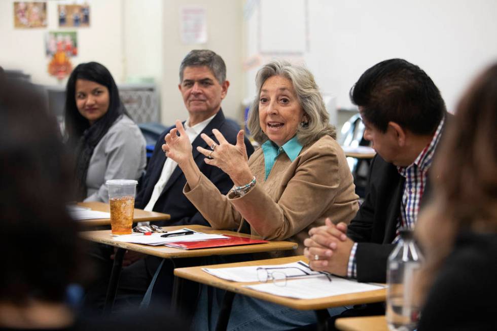 Congresswoman Dina Titus, a former UNLV professor, moderates a roundtable for Latino educators ...