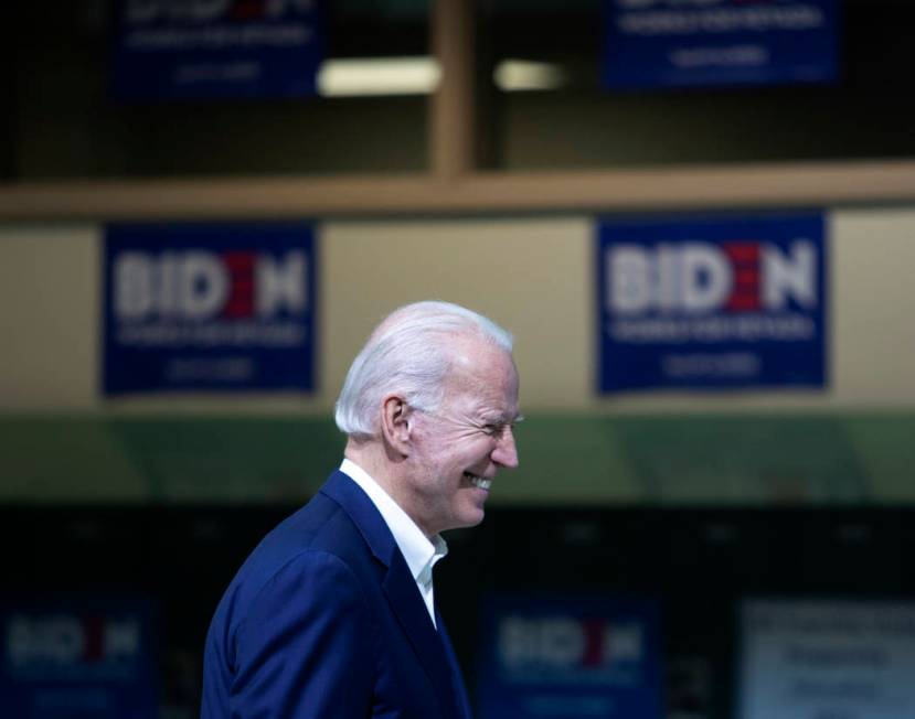 Presidential candidate Joe Biden laughs at a joke he made during a campaign event at Rancho Hig ...