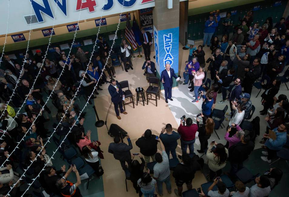 Presidential candidate Joe Biden takes the stage at a campaign event at Rancho High School on S ...