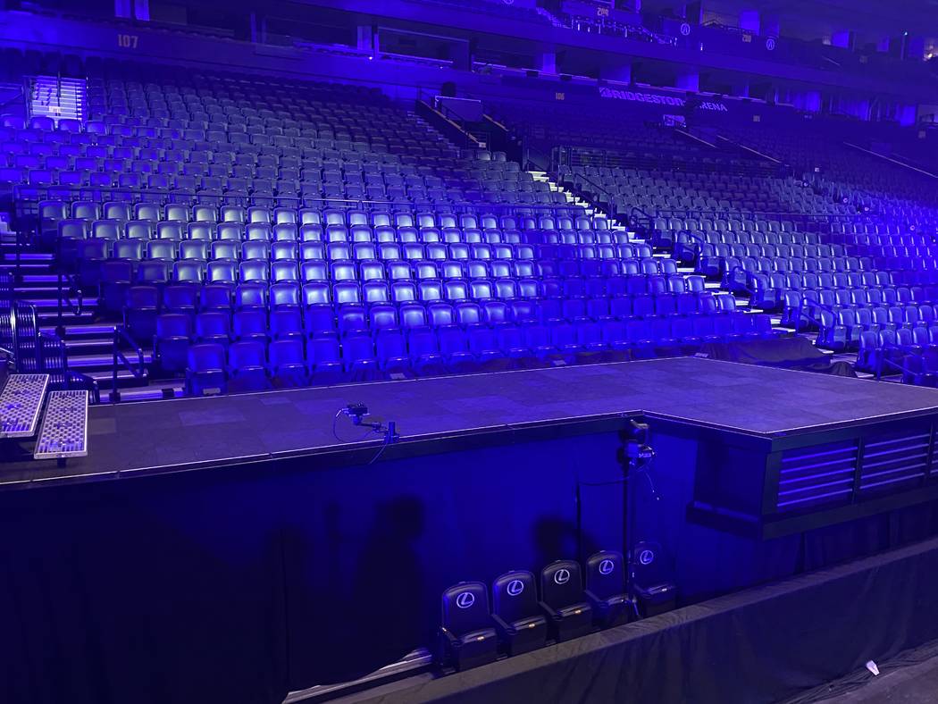 A pre-show look at the staging for Celine Dion's show at Bridgestone Arena in Nashville on Mond ...