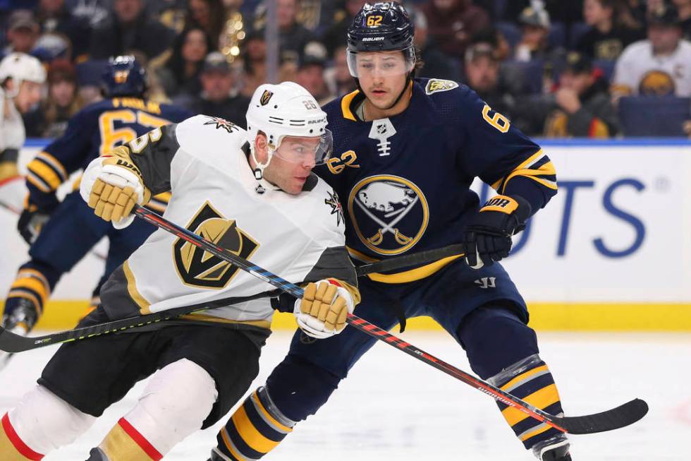 Buffalo Sabres defenseman Brandon Montour (62) and Vegas Golden Knights forward Paul Stastny (2 ...