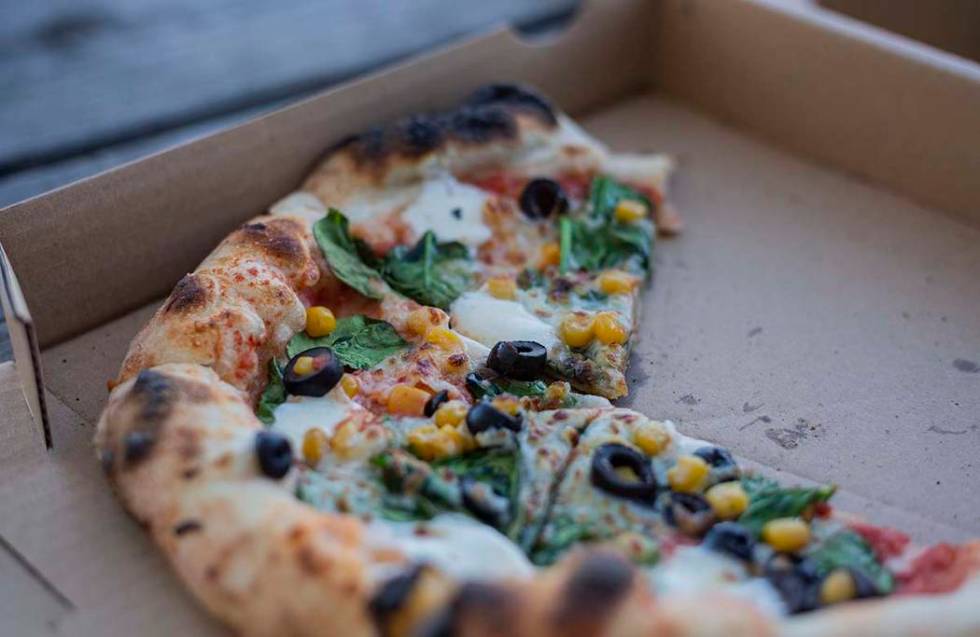 A Veggie pizza from Custom Pizza Truck is seen on Thursday, Jan. 16, 2020, in Las Vegas. (Eliza ...