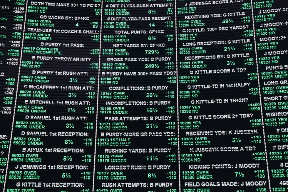 Super Bowl props are seen on a large menu at the Westgate SuperBook on Thursday, Feb. 1, 2024, ...