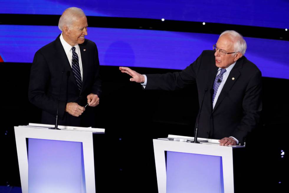 Democratic presidential candidate Sen. Bernie Sanders, I-Vt., speaks as former Vice President J ...