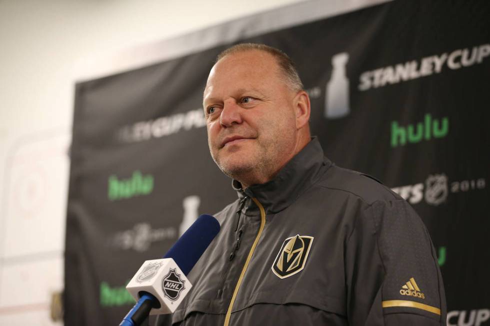 Vegas Golden Knights head coach Gerard Gallant speaks during a press conference at City Nationa ...