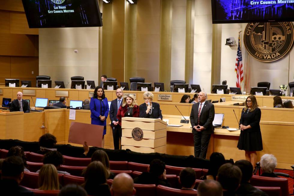 Las Vegas Mayor Carolyn Goodman tells Jonathan Conlan of Las Vegas to lower his sign at the sta ...