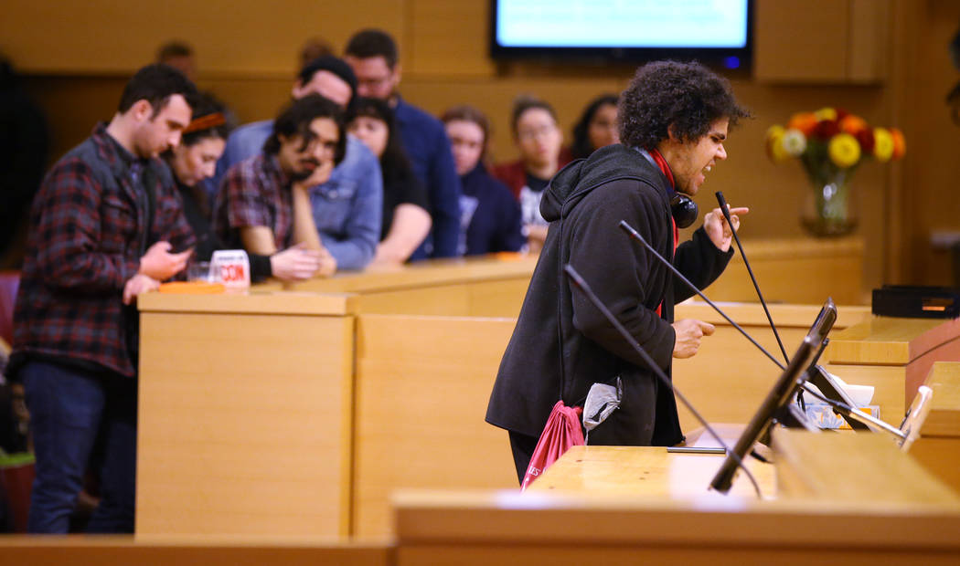 Jonas Rand of Las Vegas speaks at a Las Vegas City Council meeting Wednesday, Jan. 15, 2020, ag ...