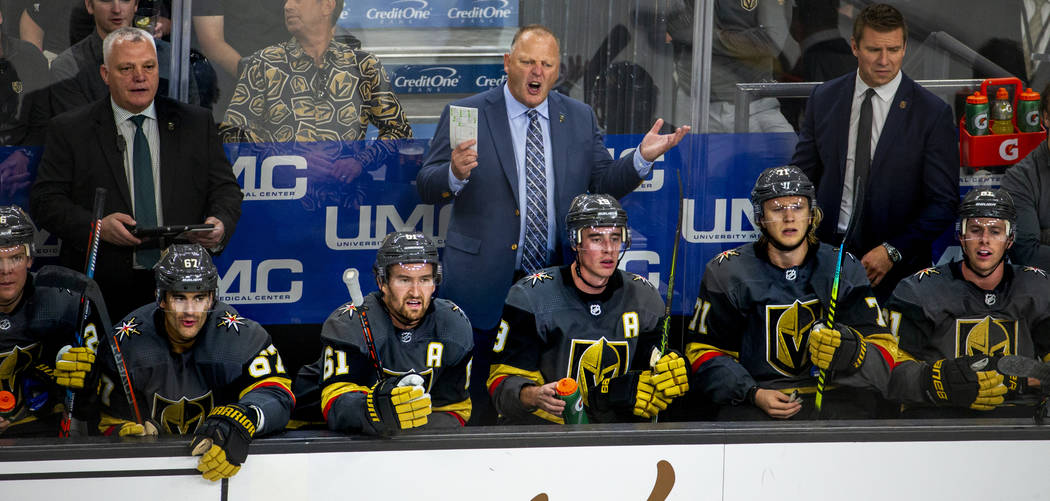 Vegas Golden Knights head coach Gerard Gallant argues a call versus the San Jose Sharks during ...