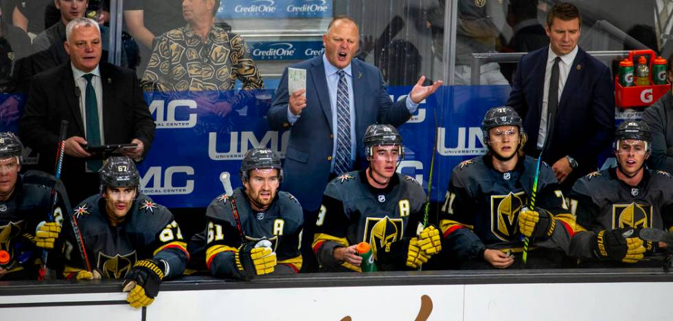 Vegas Golden Knights head coach Gerard Gallant argues a call versus the San Jose Sharks during ...