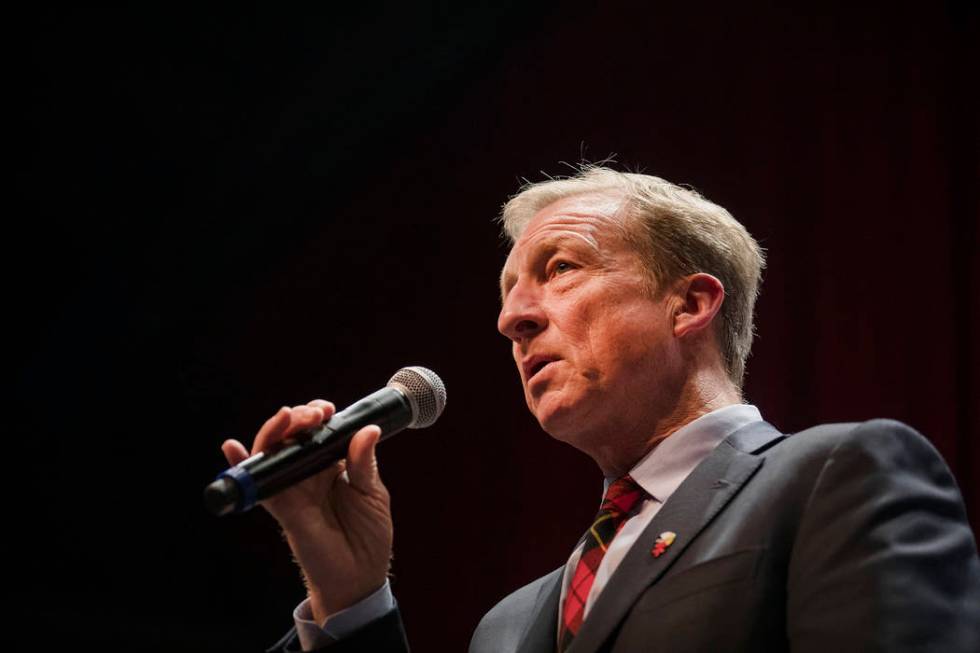 Democratic presidential candidate Tom Steyer addresses the audience at a Native American Presid ...