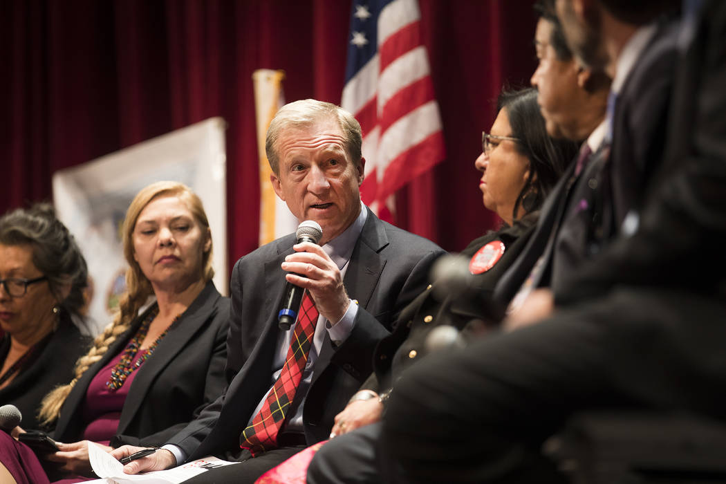 Democratic presidential candidate Tom Steyer answers a question at a Native American Presidenti ...