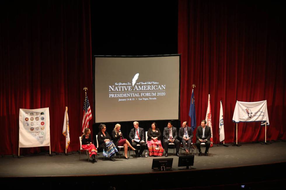 Democratic presidential candidate Tom Steyer, center, answers a questions at a Native American ...