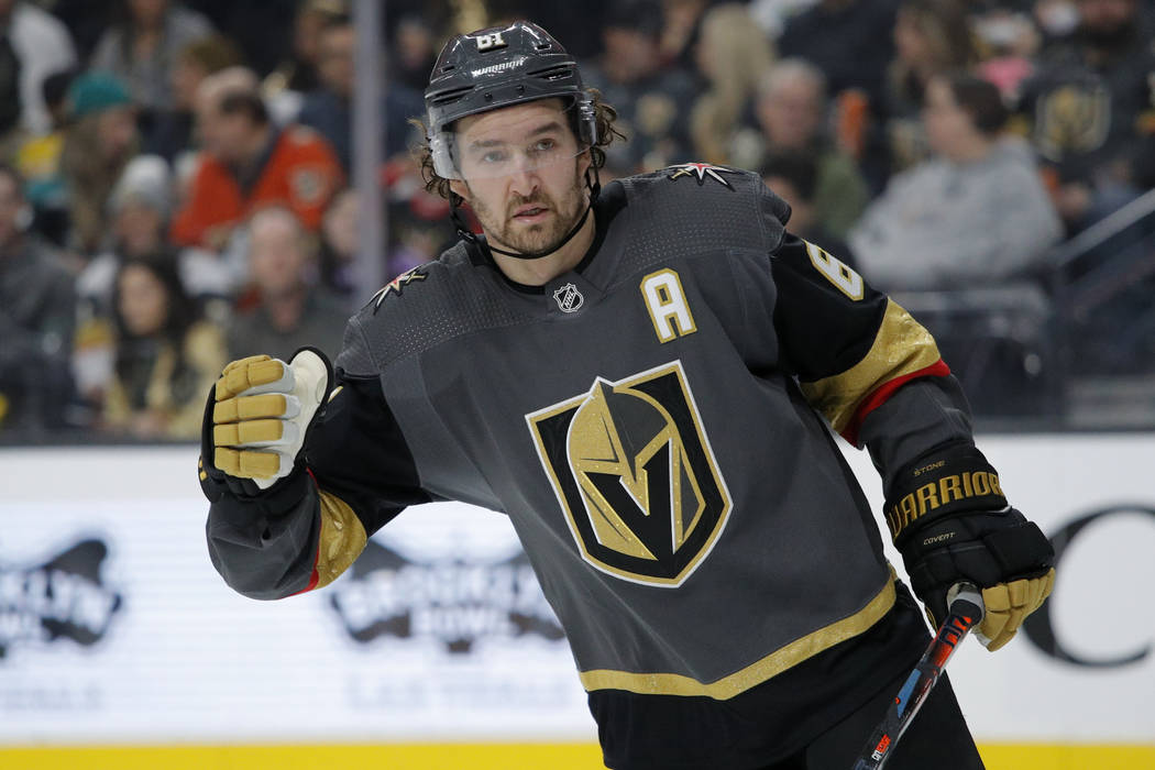 Vegas Golden Knights right wing Mark Stone (61) plays against the Anaheim Ducks in an NHL hocke ...