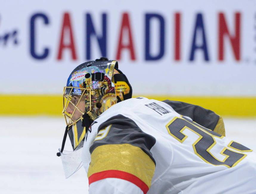 Vegas Golden Knights goaltender Marc-Andre Fleury (29) stretches during the second period of an ...