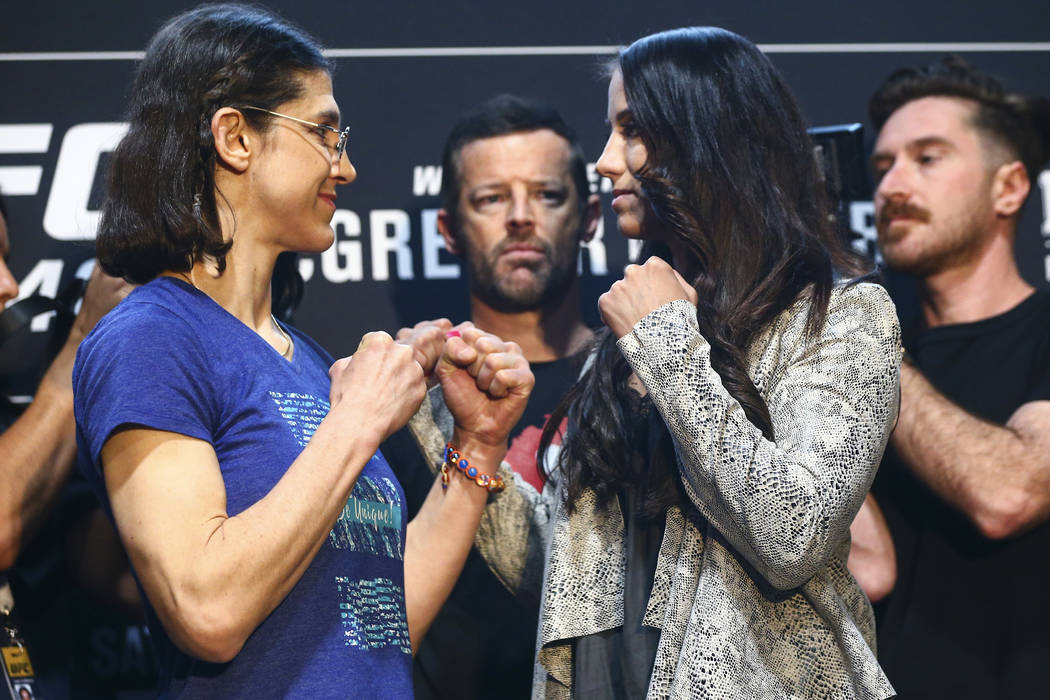 Roxanne Modafferi, left, faces off against Maycee Barber during media day ahead of UFC 246, sla ...