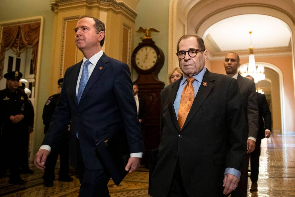 House Intelligence Committee Chairman Adam Schiff, D-Calif., front left, and House Judiciary Co ...